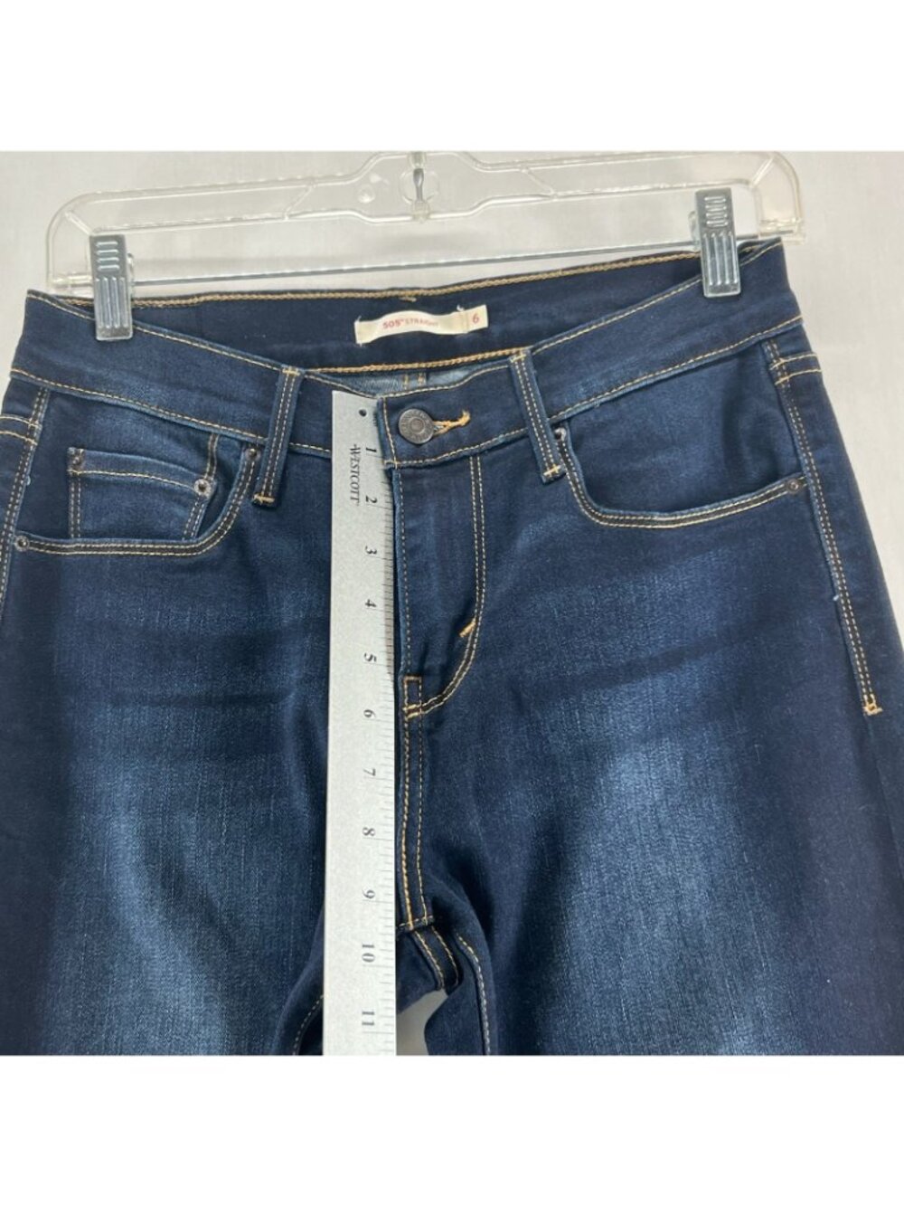 Levi’s 505 Straight Leg Jeans Womens 6 Dark Wash Stretch Denim Mid Rise Zip Blue - Picture 9 of 14